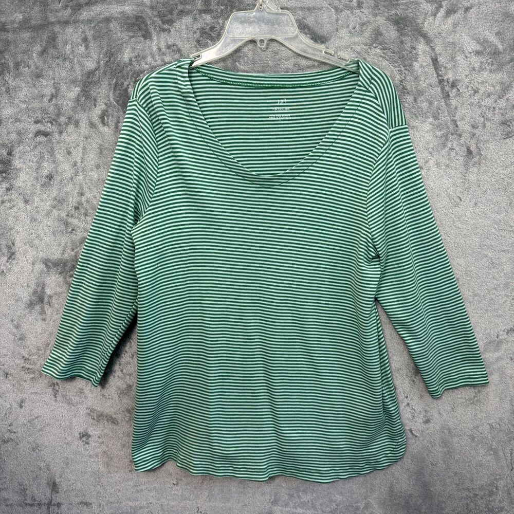 j jill tops large vneck t pima cotton green white 3/4 sleeve